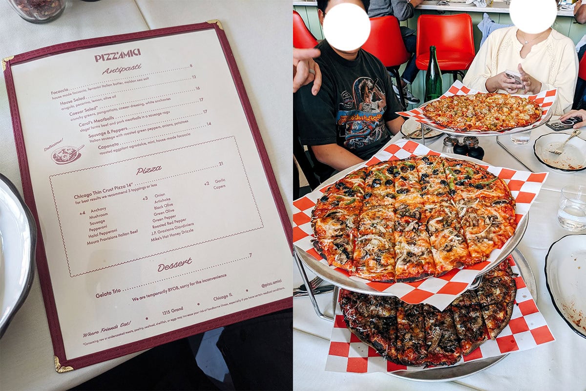 Two photo collage of restaurant Pizz'amici in Chicago. The left is a photo of the restaurant's menu. The right is a photo of 3 different tavern style pizzas on a table with 2 people seated in the background.