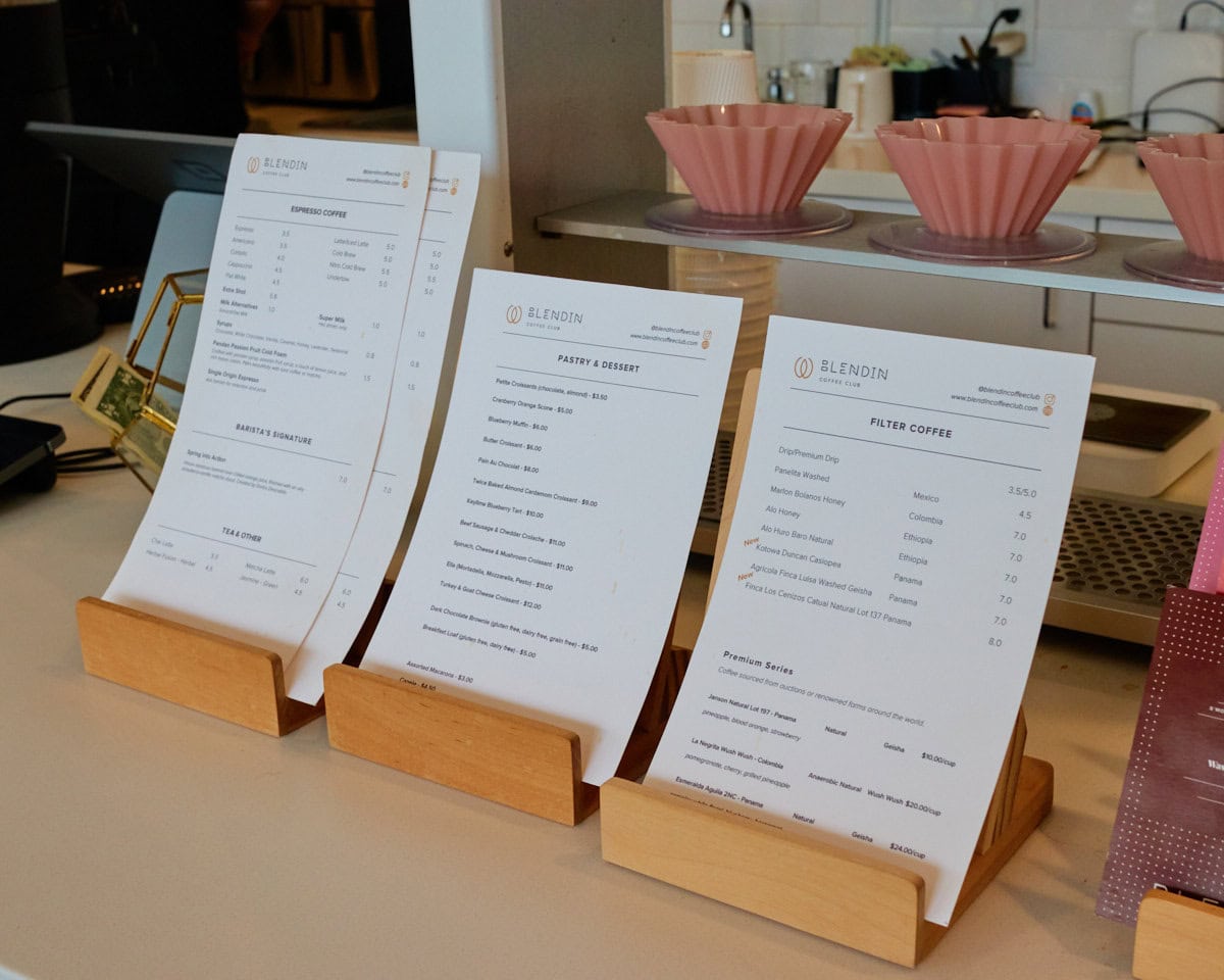 BlendIn Coffee Club menus with a pour over menu, an espresso based menu, and specialty menu