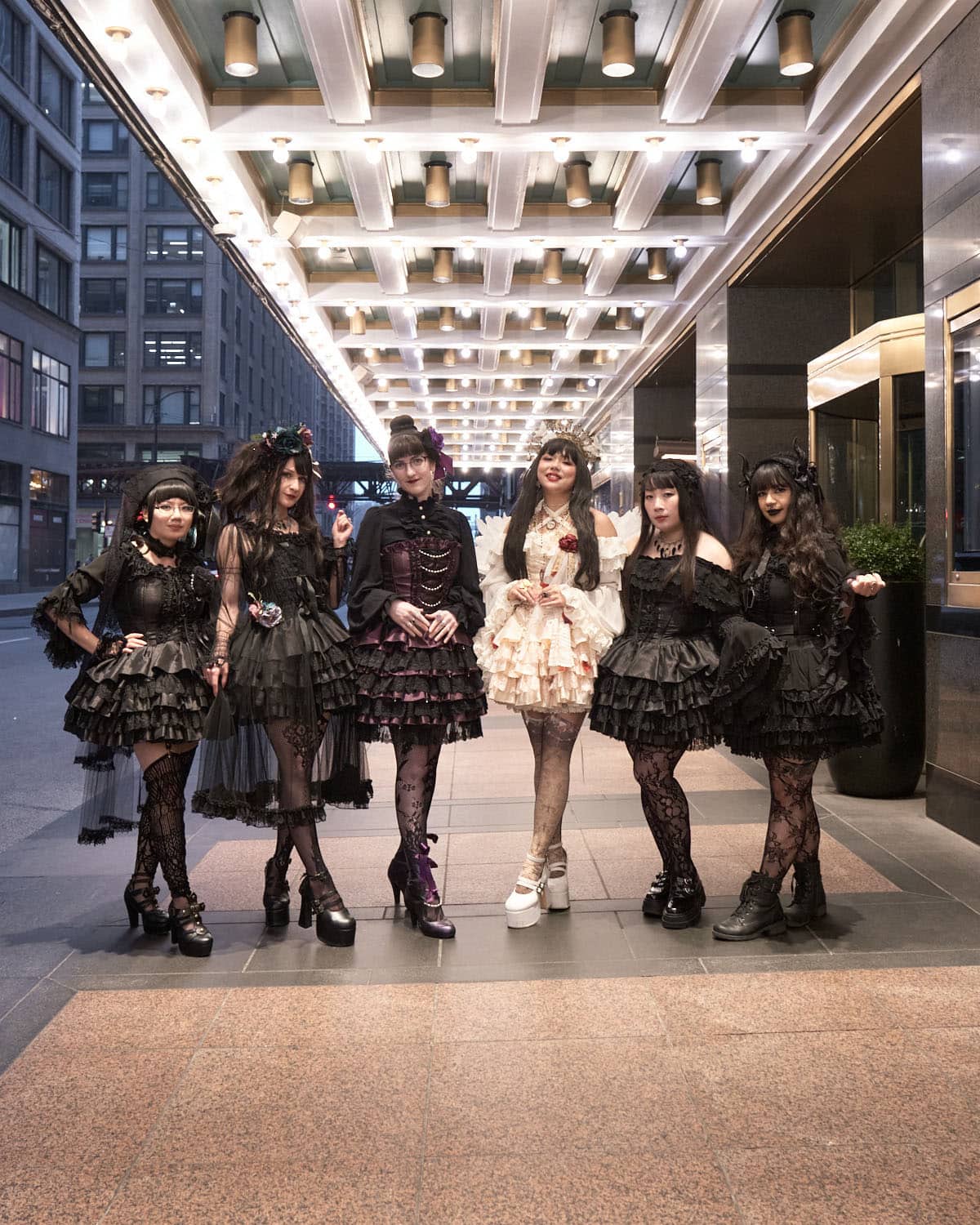 6 people all wearing the Mini Corset Dress series from Atelier Pierrot coordinated in different styles.